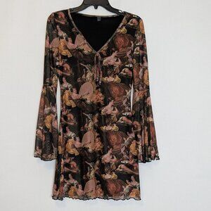 SHEIN Brown/Pink Lined Chiffon Fit & Flare Long Sleeve Short Dress; Size M